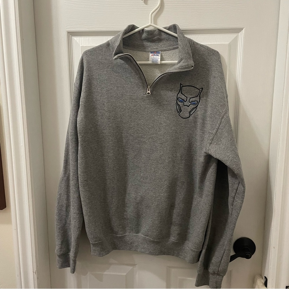 Gray Quarter-Zip Sweatshirt with Embroidered Black Panther Logo